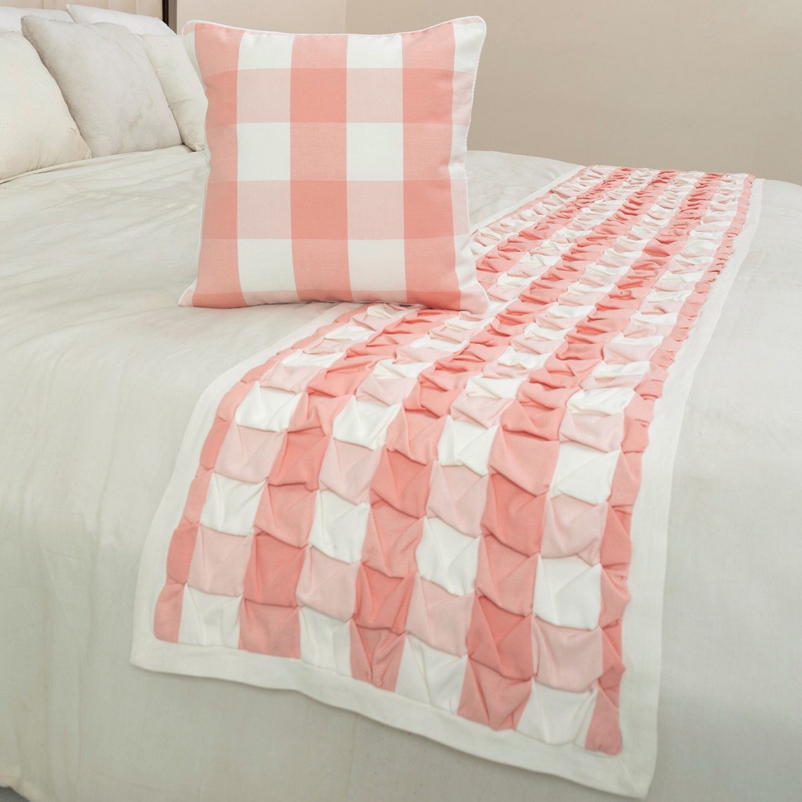 Buffalo Plaid Peach Decorative Bed Runner and Pillow Cover