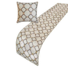 Threaded Geometry - Cotton White, Beige & Grey Decorative Bed Runner and Pillow Cover