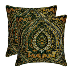Timeless Tapastries - Dark Green & Mustard Jacquard Throw Pillow Cover