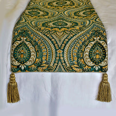 Damask Tapestry - Jacquard Green Decorative Bed Runner and Pillow Cover