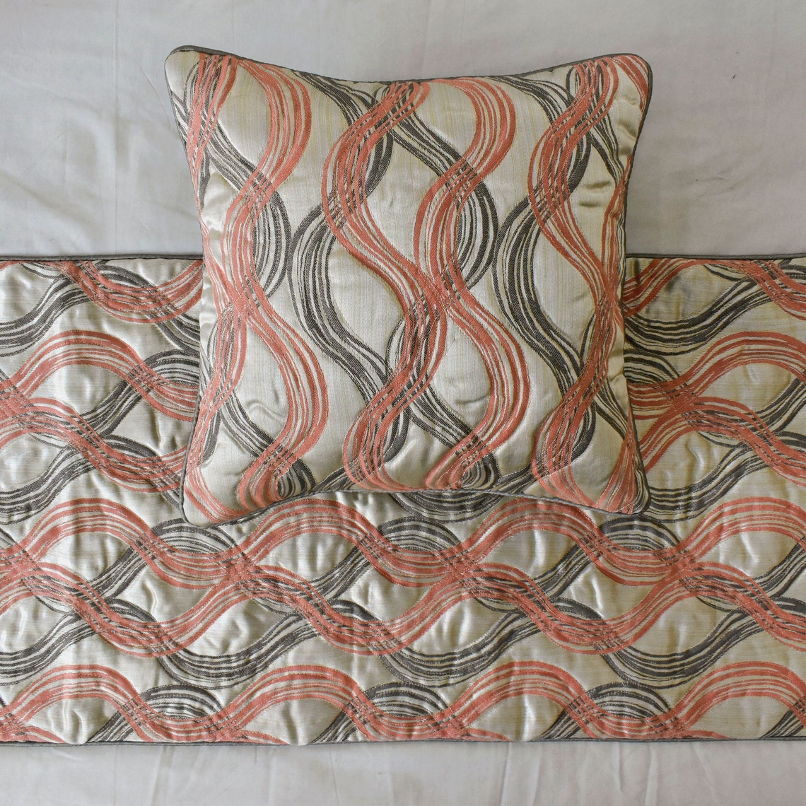 Orange Twirls - Jacquard Orange Decorative Bed Runner and Pillow Cover