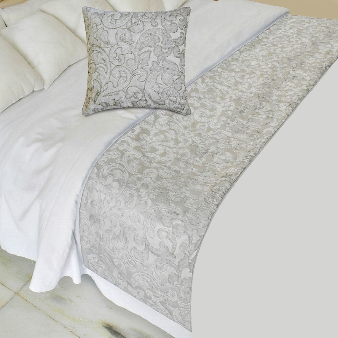 Ethereal Silver Decorative Bed Runner and Pillow Cover