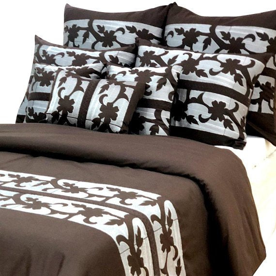 Brown Floral Grudge Embroidery - Brown, Grey Cotton Duvet Cover Set