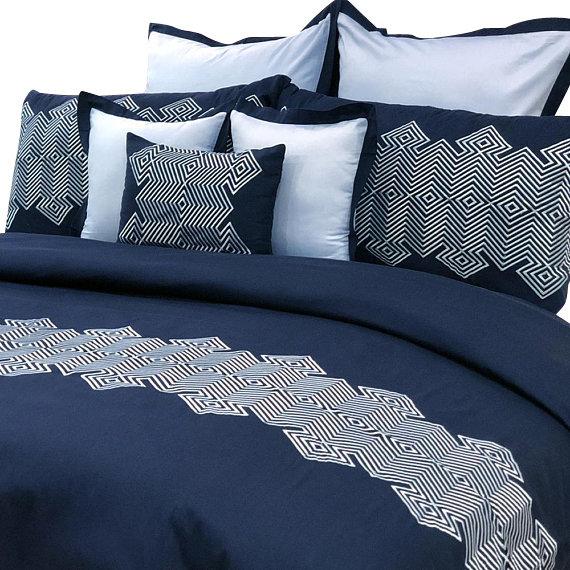 Navy Abstract Embroidery - Blue, Light Blue Cotton Duvet Cover Set