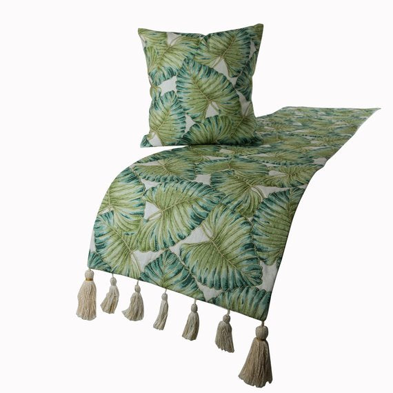Boho Bed Runner Scarf Funny Abstract Art Watercolor Tropical Leaves Boho Blue Bedding Scarf Decorative Bed Runners Cover For Home Bedroom Hotel Wedding Room Bed Scarf For Foot Of Bed Twin