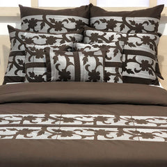 Brown Floral Grudge Embroidery - Brown, Grey Cotton Duvet Cover Set