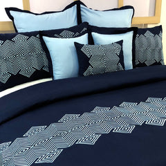 Navy Abstract Embroidery - Blue, Light Blue Cotton Duvet Cover Set