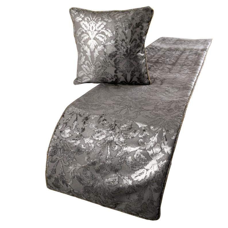 Velvet Silver & Grey Decorative Bed Runner and Pillow Cover - Silver Glitterati