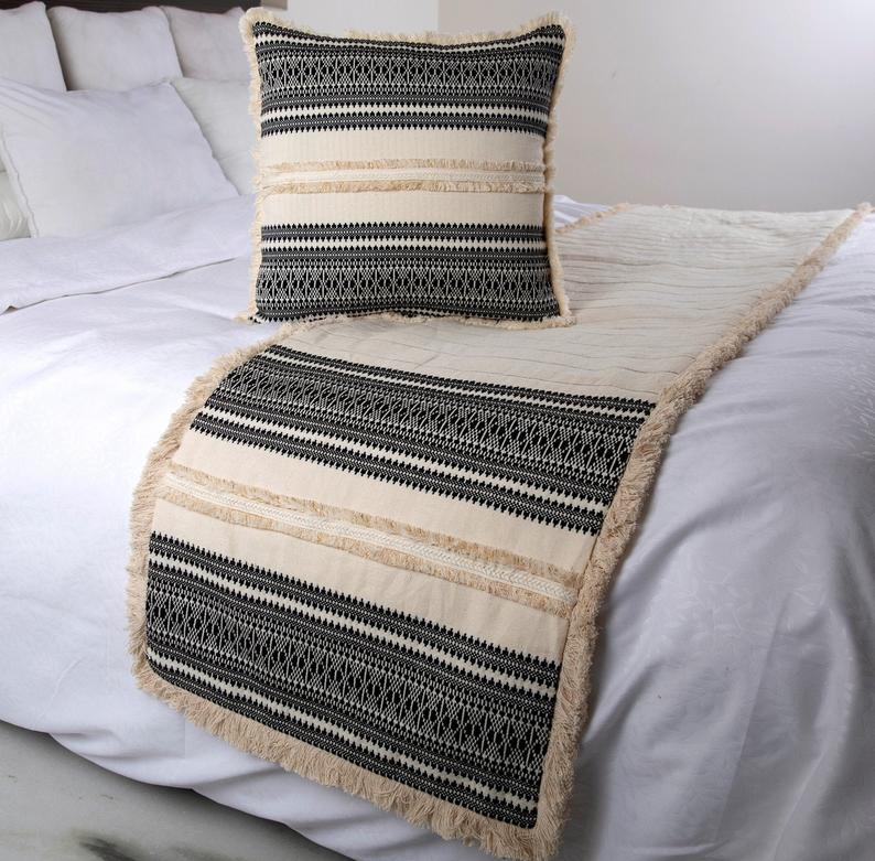 Moroccan Vibe - Linen Beige, Black Decorative Bed Runner and Pillow Cover