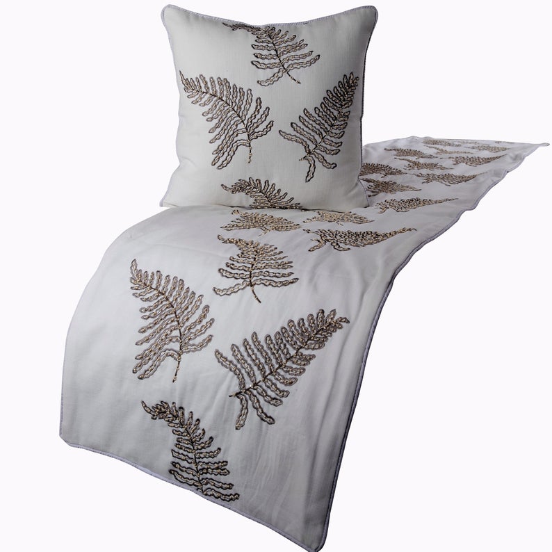 Linen White Decorative Bed Runner and Pillow Cover - Fern Blossom