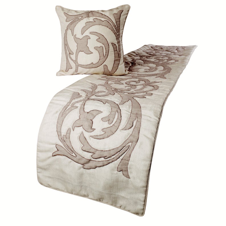 Ivory & Beige Linen Decorative Bed Runner and Pillow Cover, Pretty Dainty