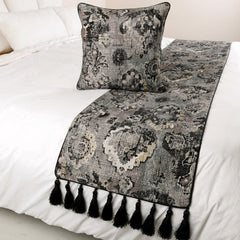 Paved Damask - Black & Grey Velvet Decorative Bed Runner and Pillow Cover