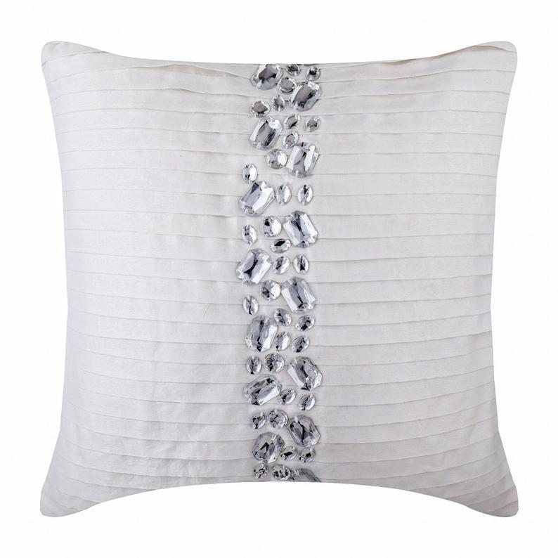 Precious Crystals - White Art Silk Decorative Euro Sham