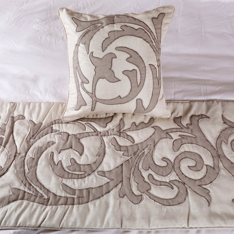 Pretty Dainty - Ivory & Beige Linen Decorative Bed Runner and Pillow Cover