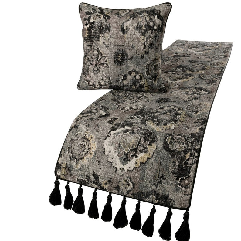 Black & Grey Velvet Decorative Bed Runner and Pillow Cover, Paved Damask