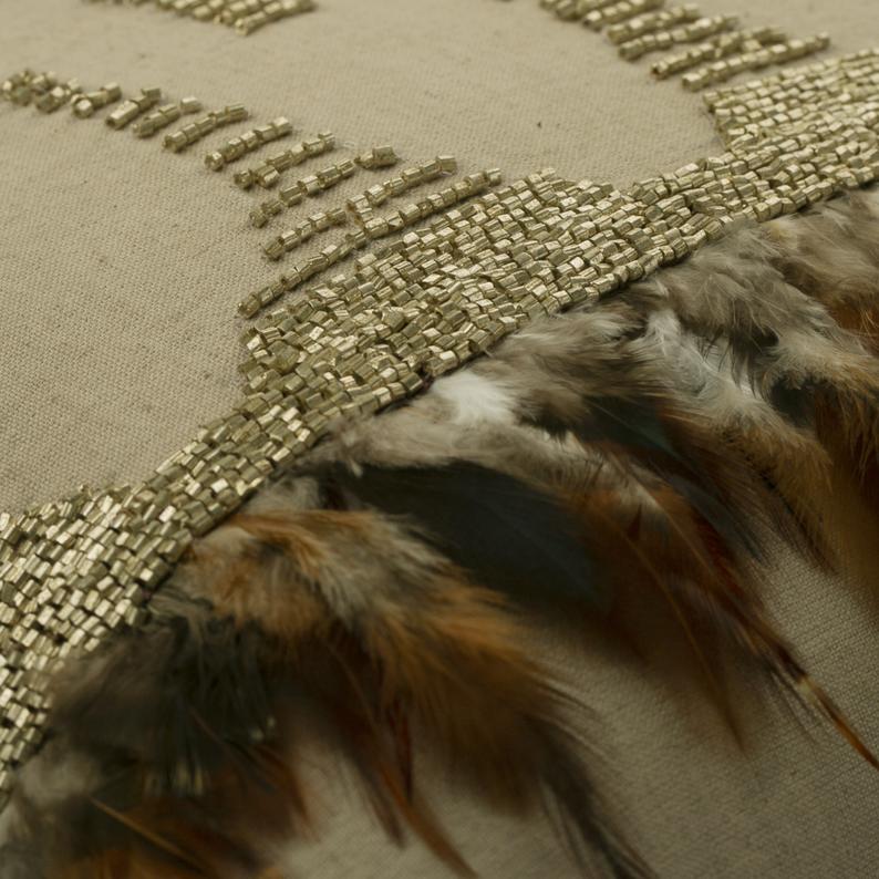 Feather Beads Beige Beaded Throw Pillow Cover