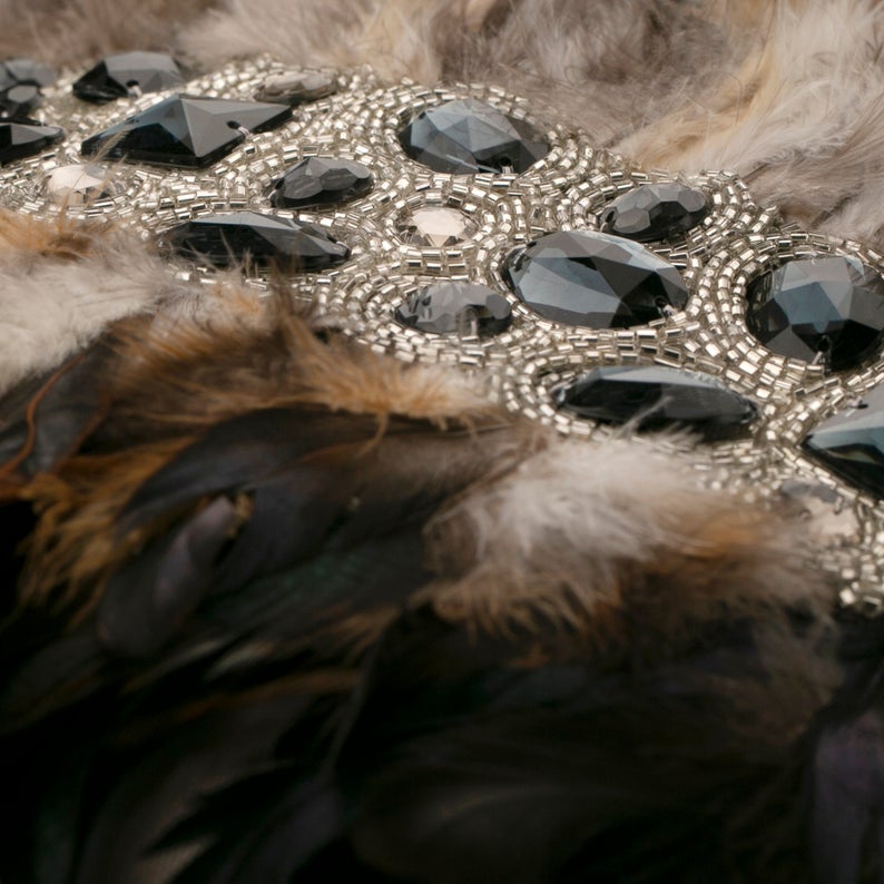 Crystallised Feathers Beige Throw Pillow Cover