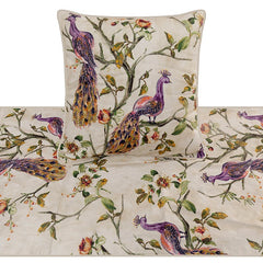 Peacock Queen - Cotton Printed with Beads Ivory & Multicolor Decorative Bed Runner and Pillow Cover