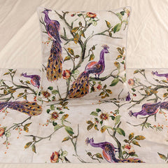 Peacock Queen - Cotton Printed with Beads Ivory & Multicolor Decorative Bed Runner and Pillow Cover