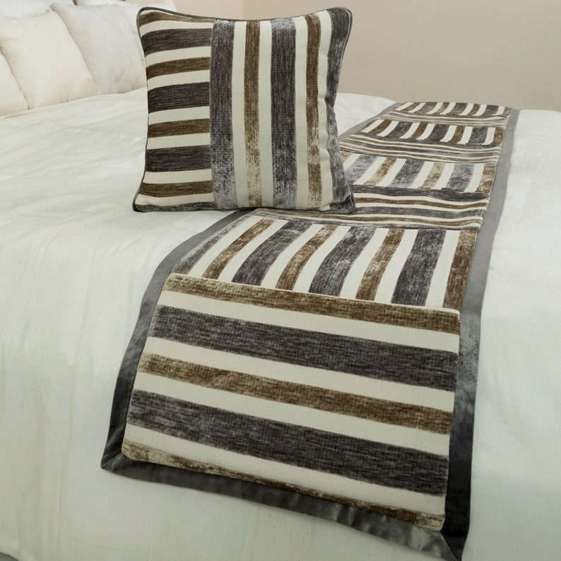 Velvet Beige & Grey Decorative Bed Runner and Pillow Cover, Striation ...