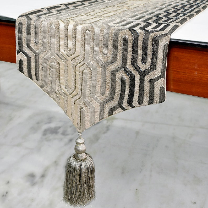 Grey Jacquard Decorative Table Runner, Grey Pinnacle – The HomeCentric