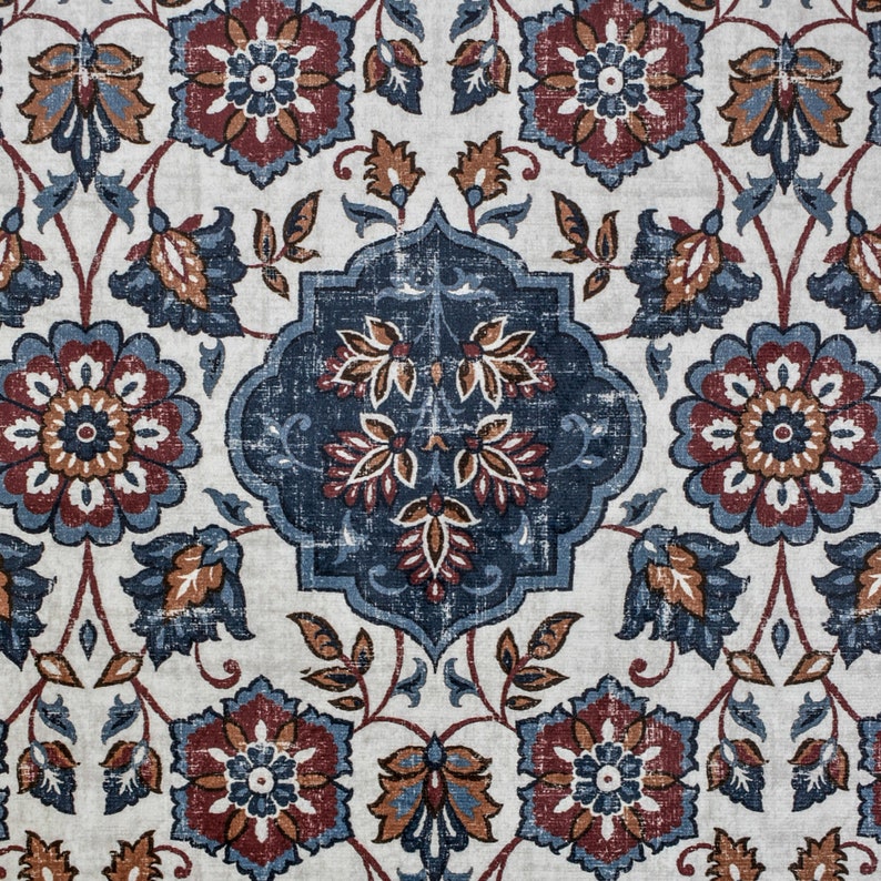 Blue, Brown & Off White Printed Velvet Fabric by the Yard