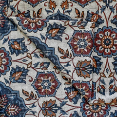 Blue, Brown & Off White Printed Velvet Fabric by the Yard