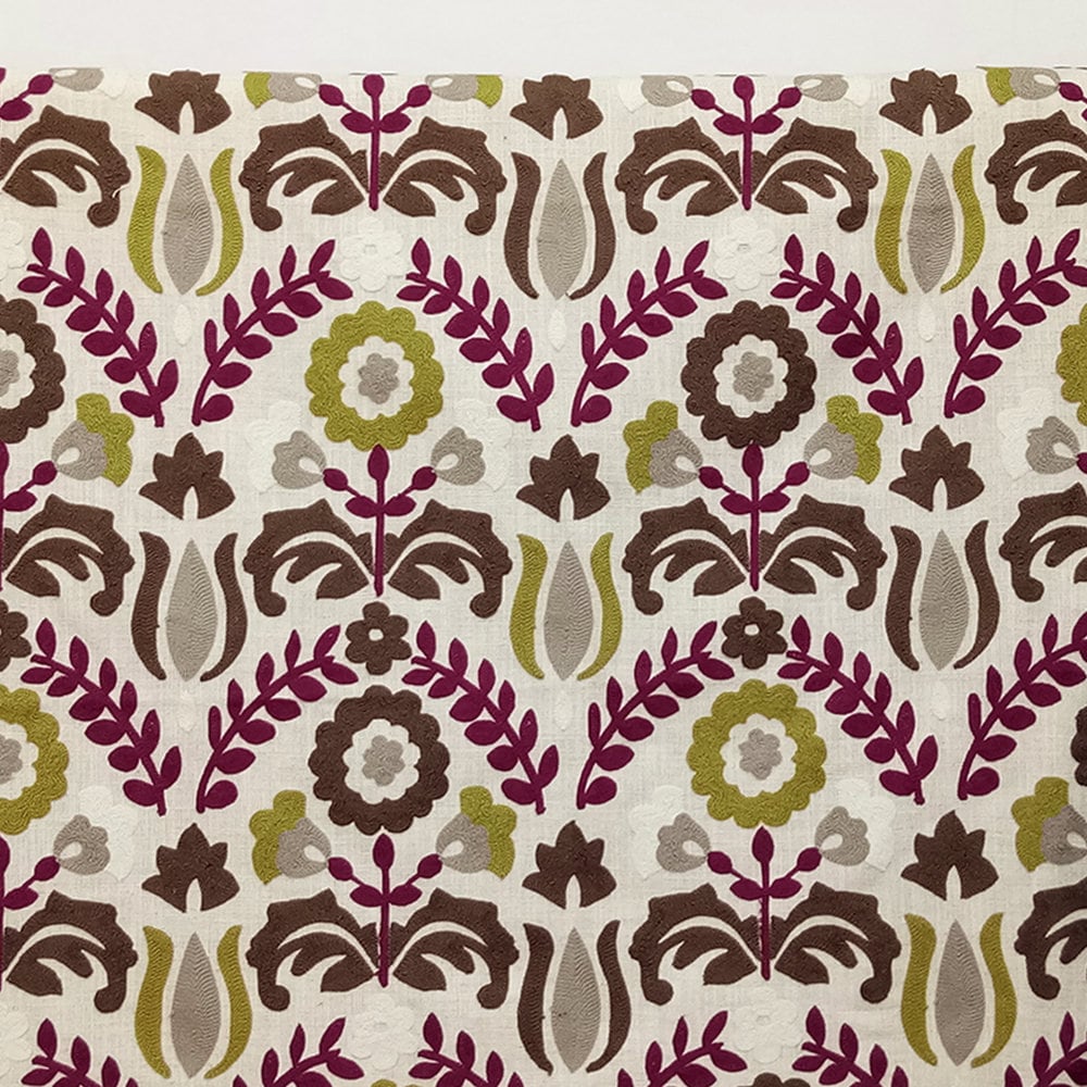Chartreuse And Magenta Flowers Cototn Linen Fabric By The Yard