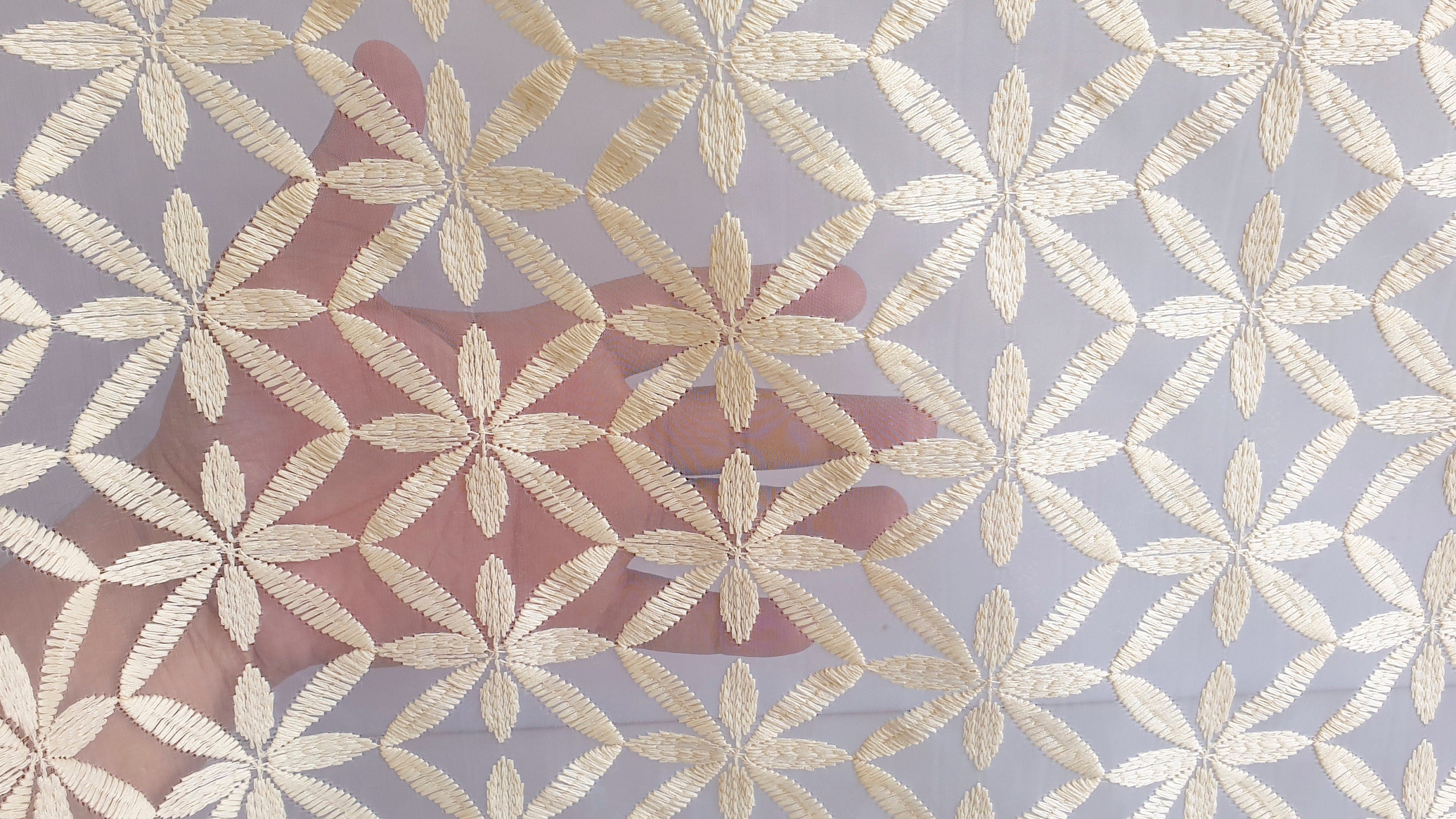 Cream Flowers Sheer Curtain Fabric By The Yard