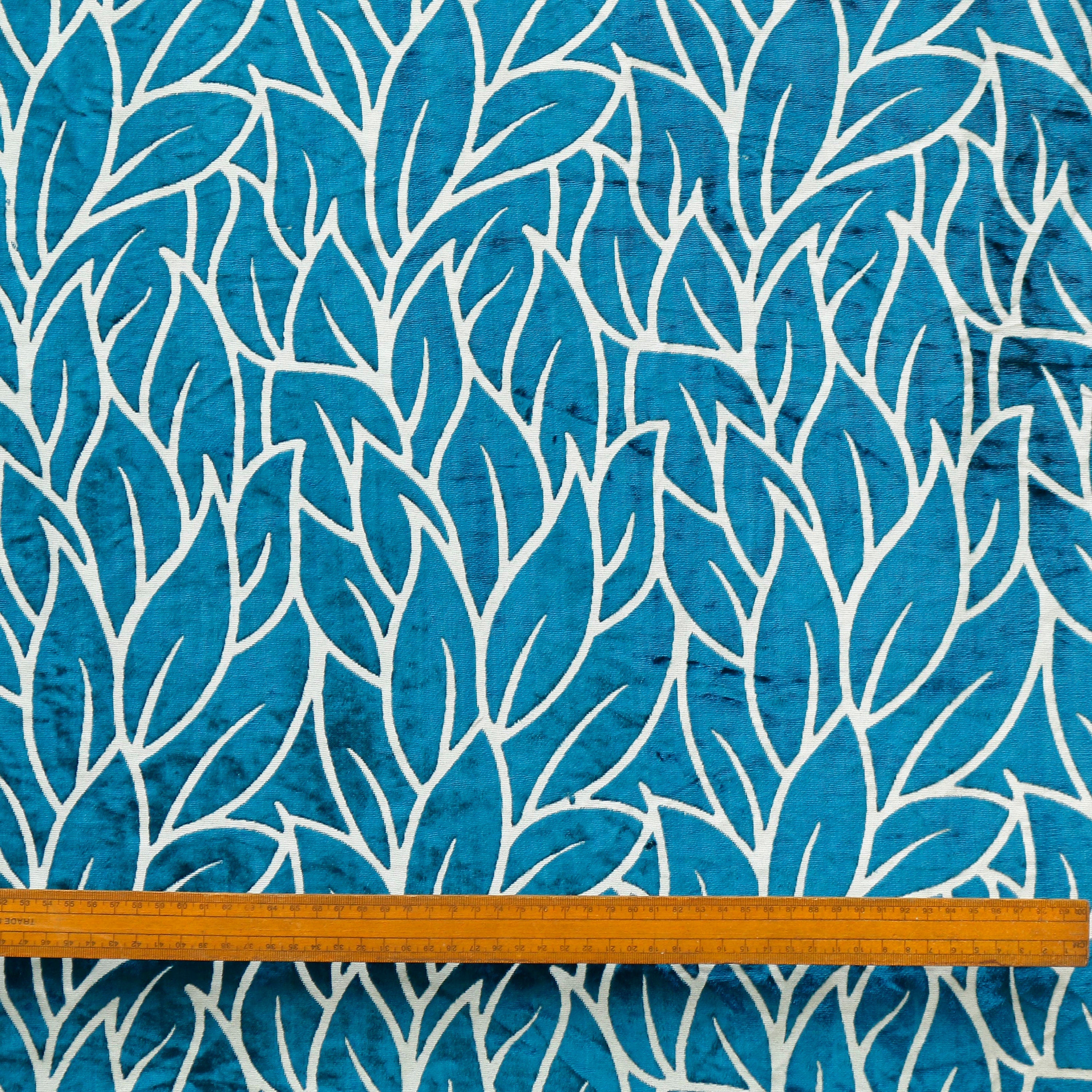 Teal Blue Leaves Velvet Fabric By The Yard