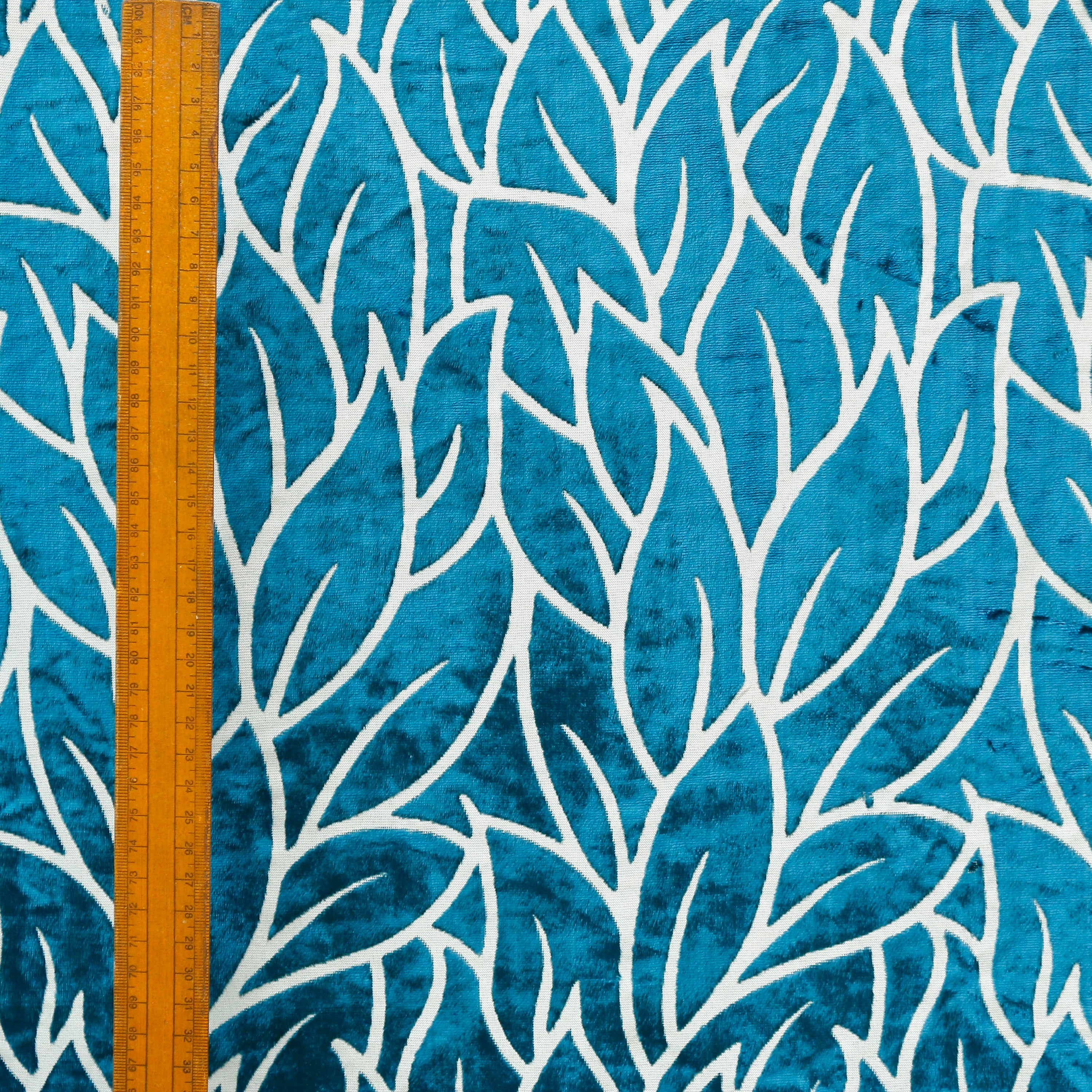 Teal Blue Leaves Velvet Fabric By The Yard