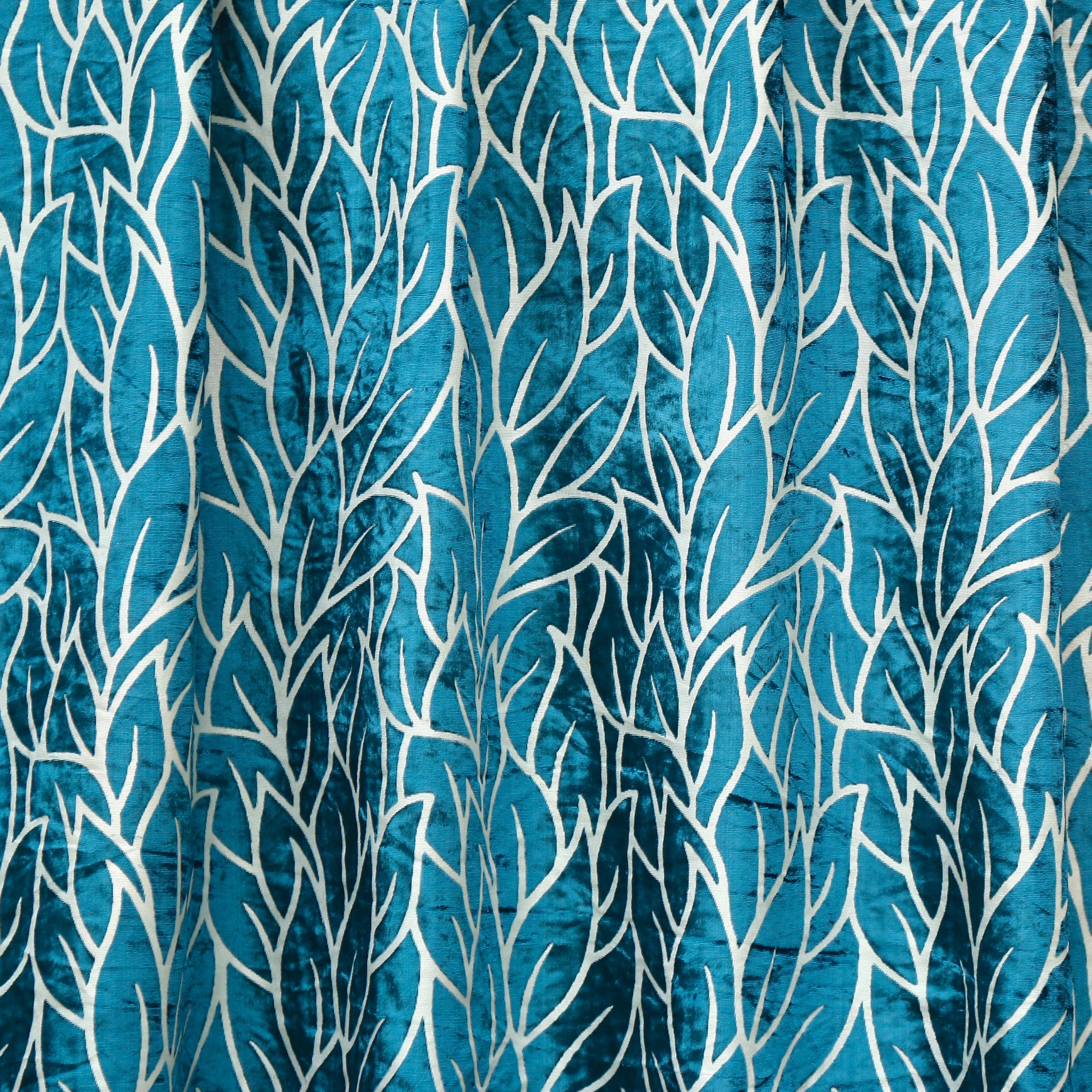 Teal Blue Leaves Velvet Fabric By The Yard