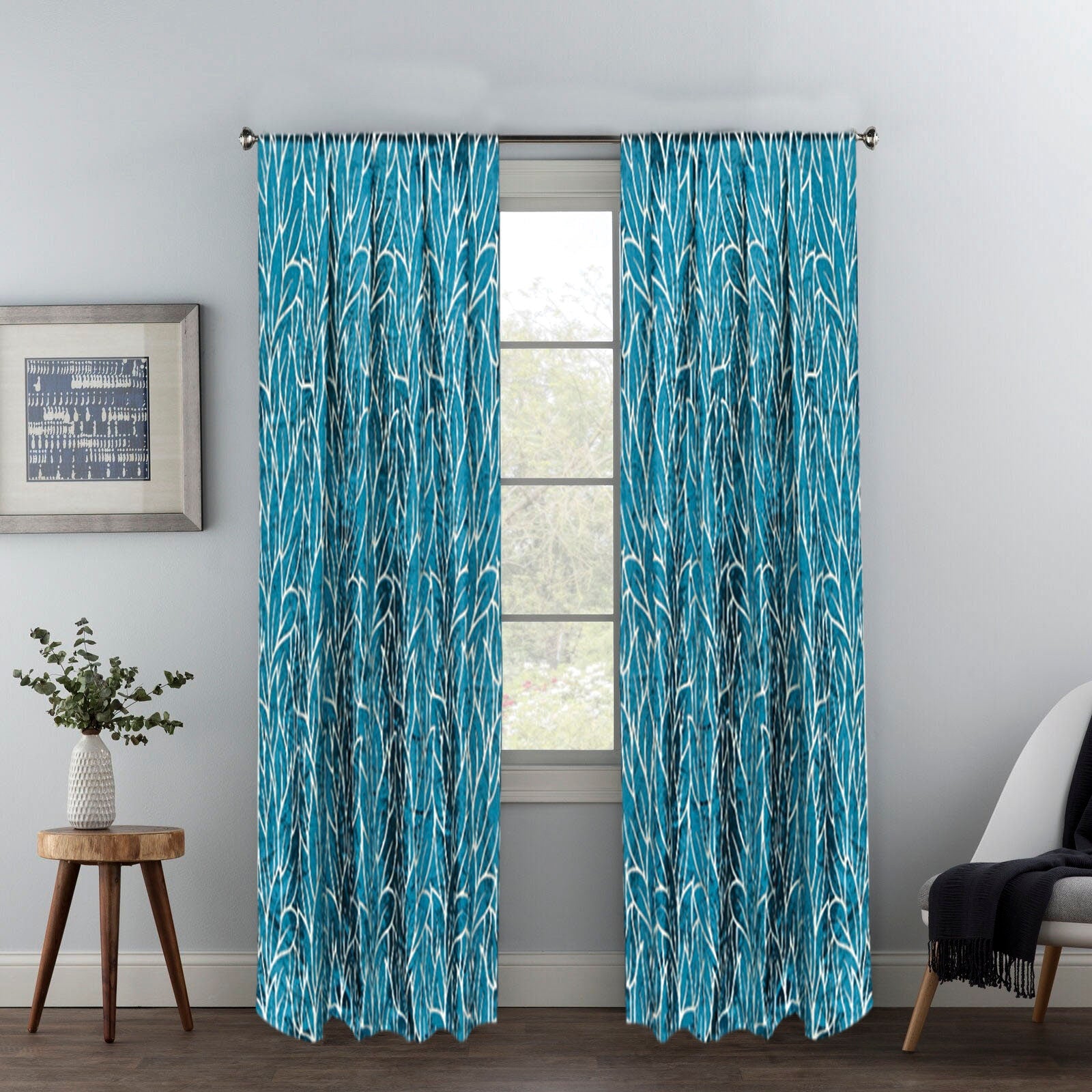 Teal Blue Leaves Velvet Fabric By The Yard