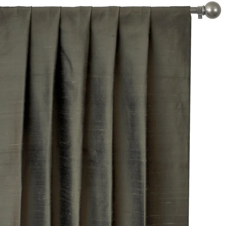 Taupe Green Pure Silk Dupioni Curtain Panels