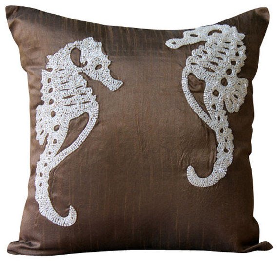 Ivory Sea Horse Beaded Throw Pillow Cover
