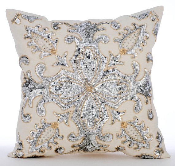 Millennium Ivory Beaded Throw Pillow Cover