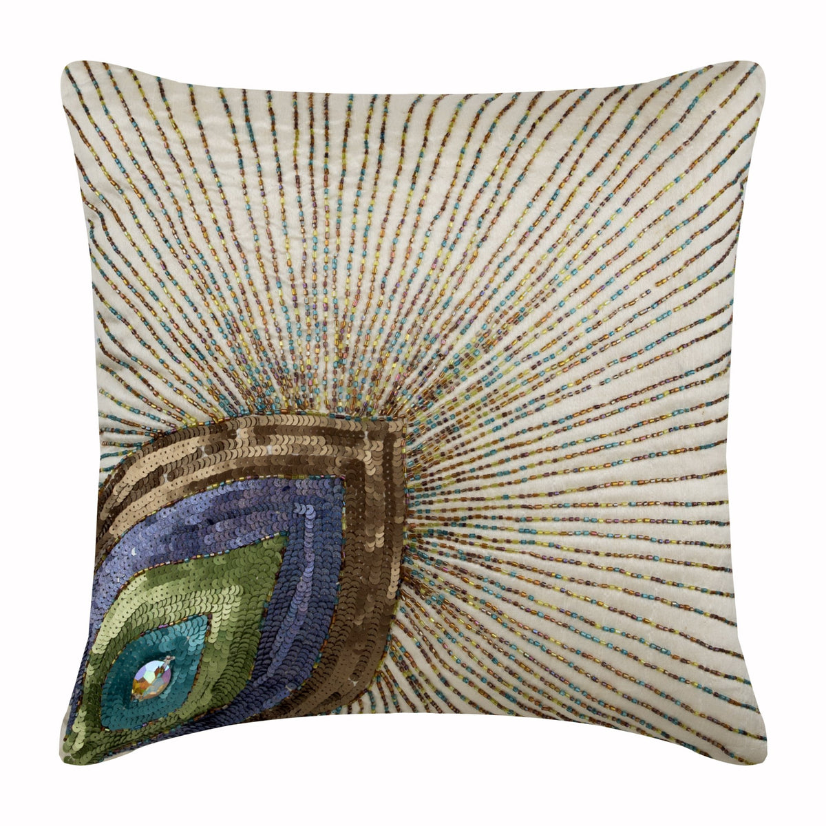 Peacock Pearls - Natural Beige Cotton Linen Throw Pillow Cover