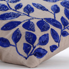 Rainy Blue Leaves - Mocha Cotton Linen Throw Pillow Cover