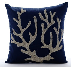 Sea Weed At The Shore - Navy Blue Cotton Linen Decorative Euro Sham