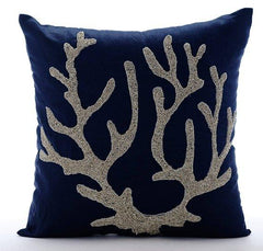 Sea Weed At The Shore - Navy Blue Cotton Linen Decorative Euro Sham