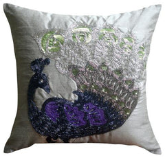 Dancing Peacock - Blue Art Silk Decorative Euro Sham
