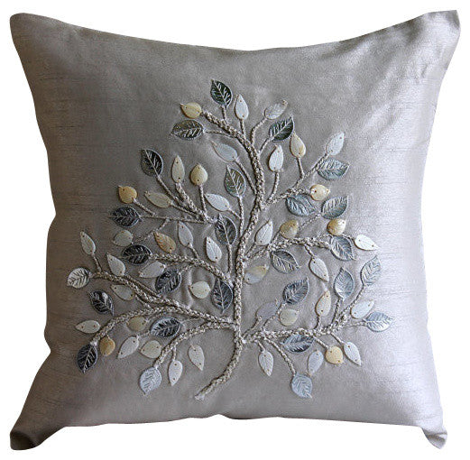 Silver Leaf - Silver Beige Art Silk Decorative Euro Sham