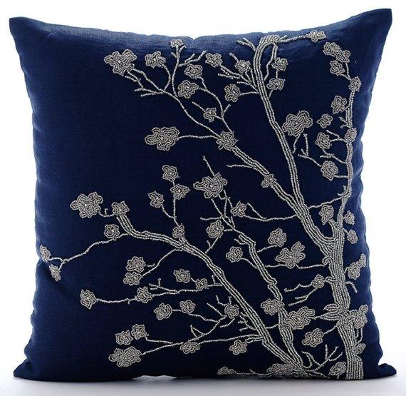 Silver Magnolia - Navy Blue Cotton Linen Decorative Euro Sham