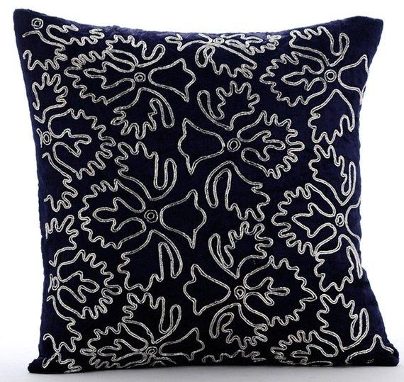 Silver Periwinkle - Navy Blue Velvet Decorative Euro Sham