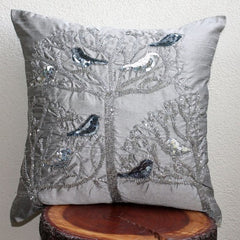 Silver Pigeons - Silver Art Silk Throw Pillow Cover